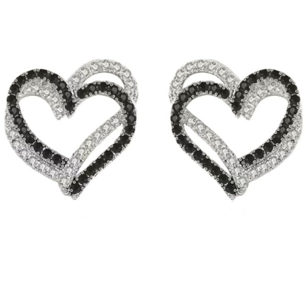 Elegant Double Heart Lab Created Black and White Cubic Zirconia Stud Earrings